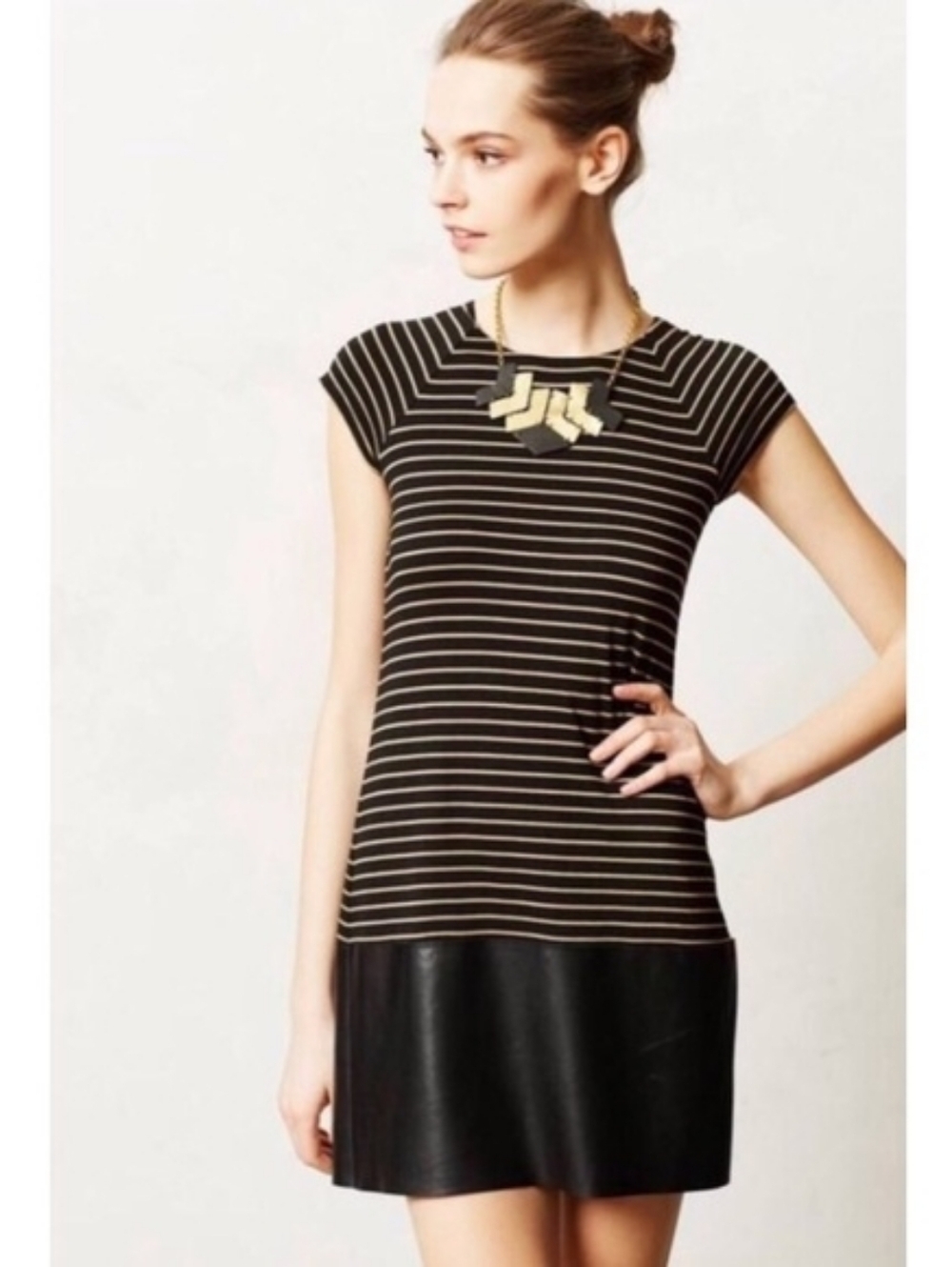 Anthropolgie Bailey 44 Striped Cap Sleeve Dress With Faux Leather Skirt Size M